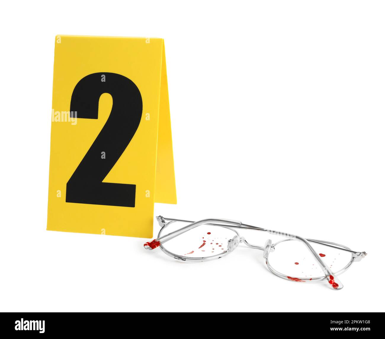 Bloody glasses and crime scene marker with number two isolated on white ...