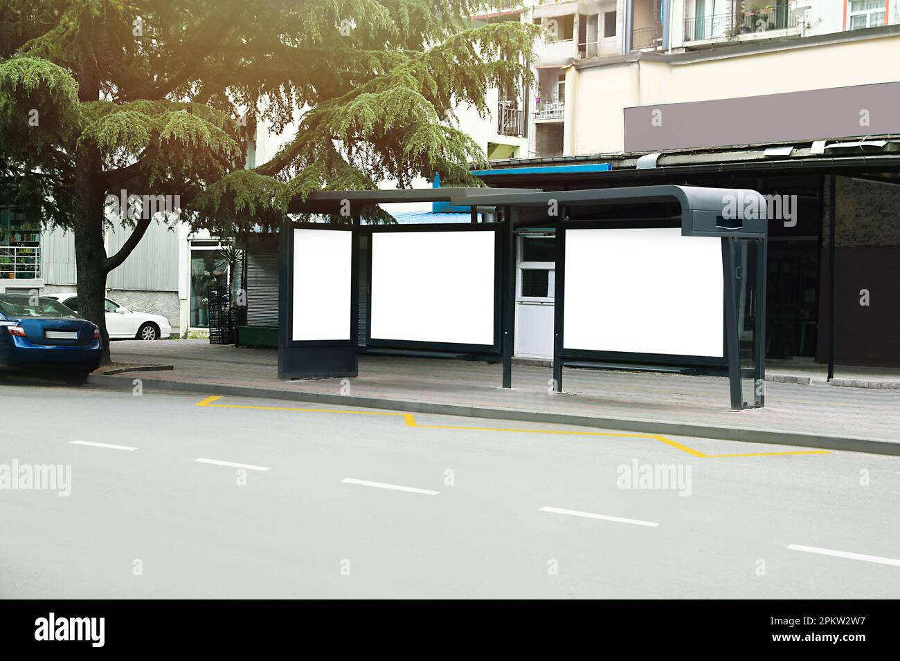 Blank advertising boards on transport stop. Space for design Stock ...
