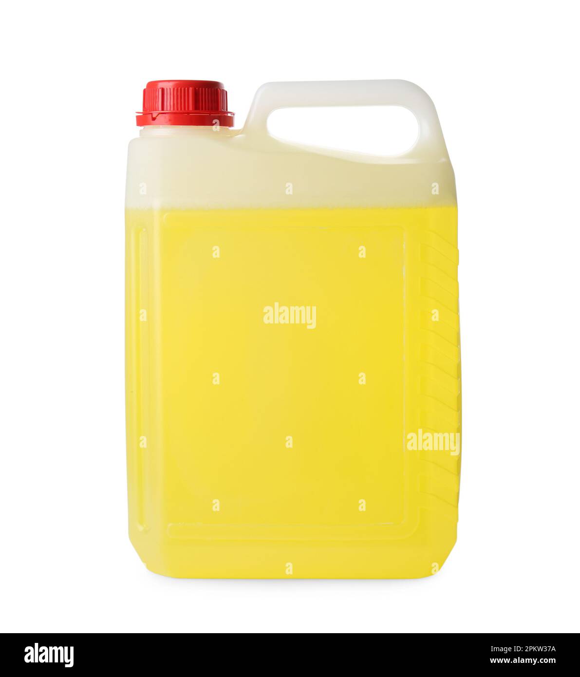 Plastic canister with detergent isolated on white. Cleaning supply