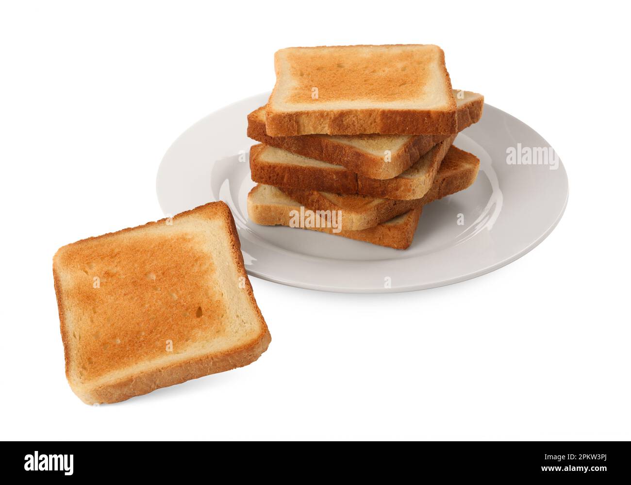 Plate with slices of delicious toasted bread on white background Stock ...