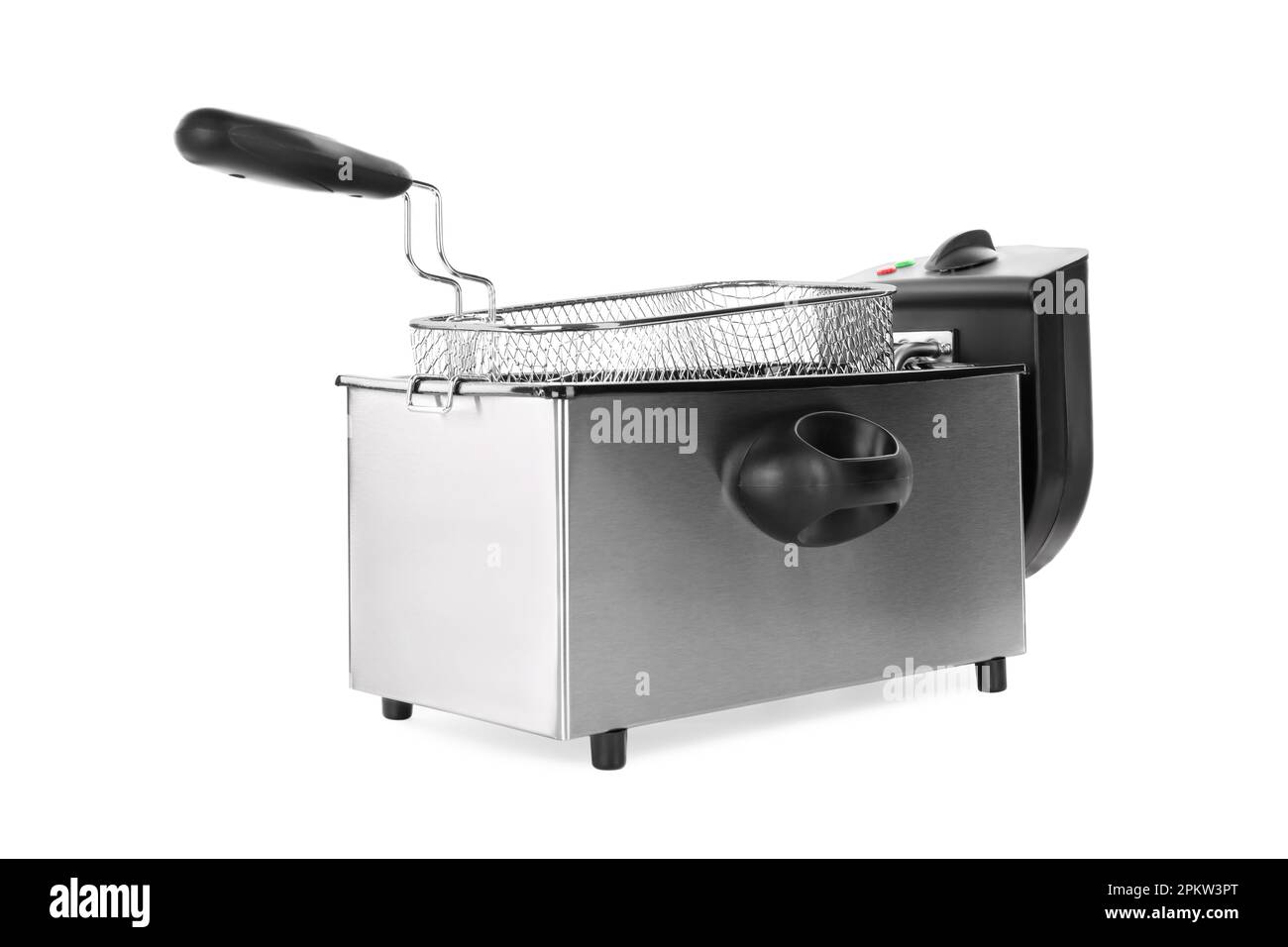 Modern deep fryer and baskets isolated on white. Kitchen device Stock