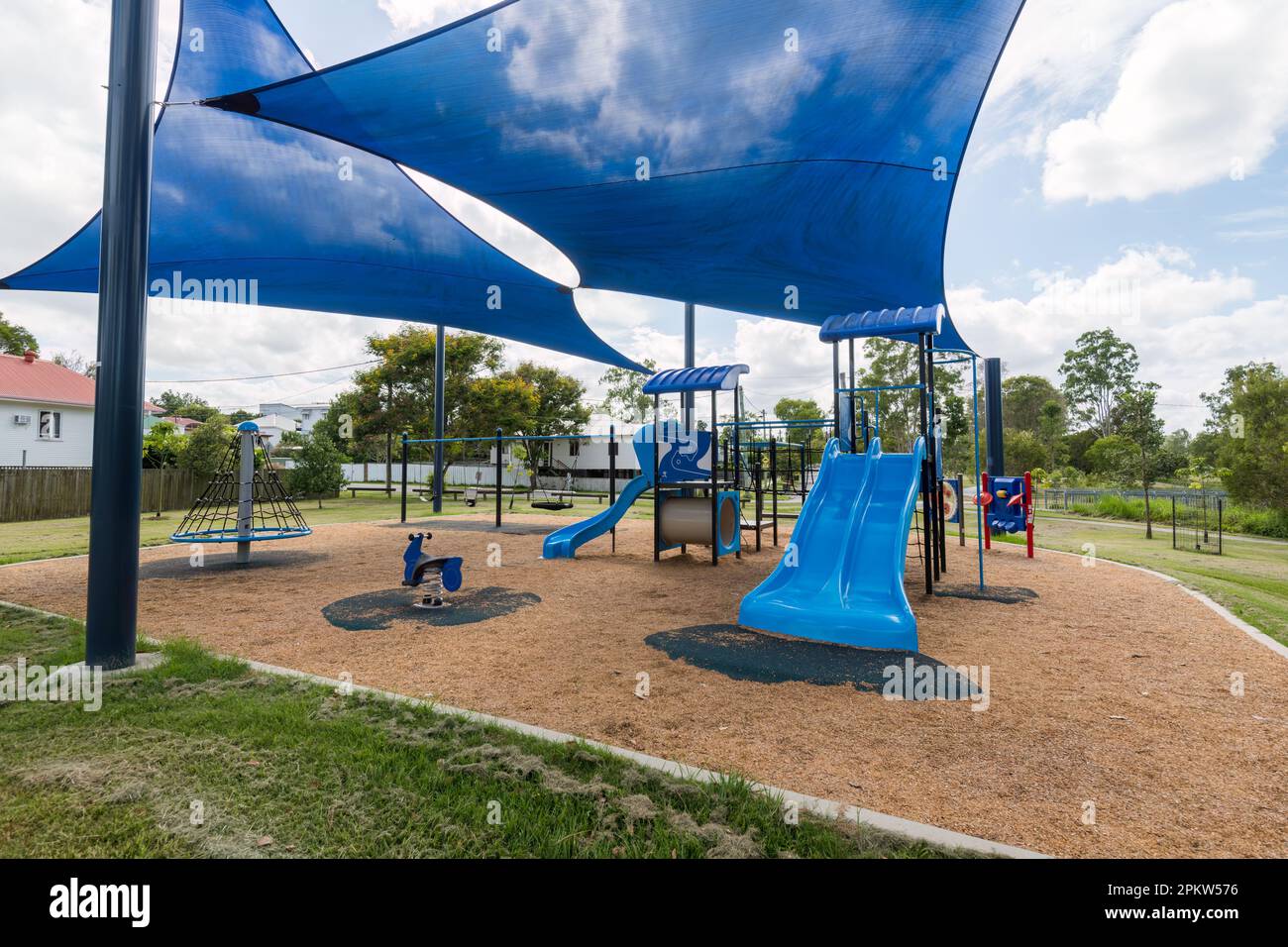 Childrens playground with shade sails. Leeds Playground, Kookaburra Park, Rocklea, Queensland Stock Photo