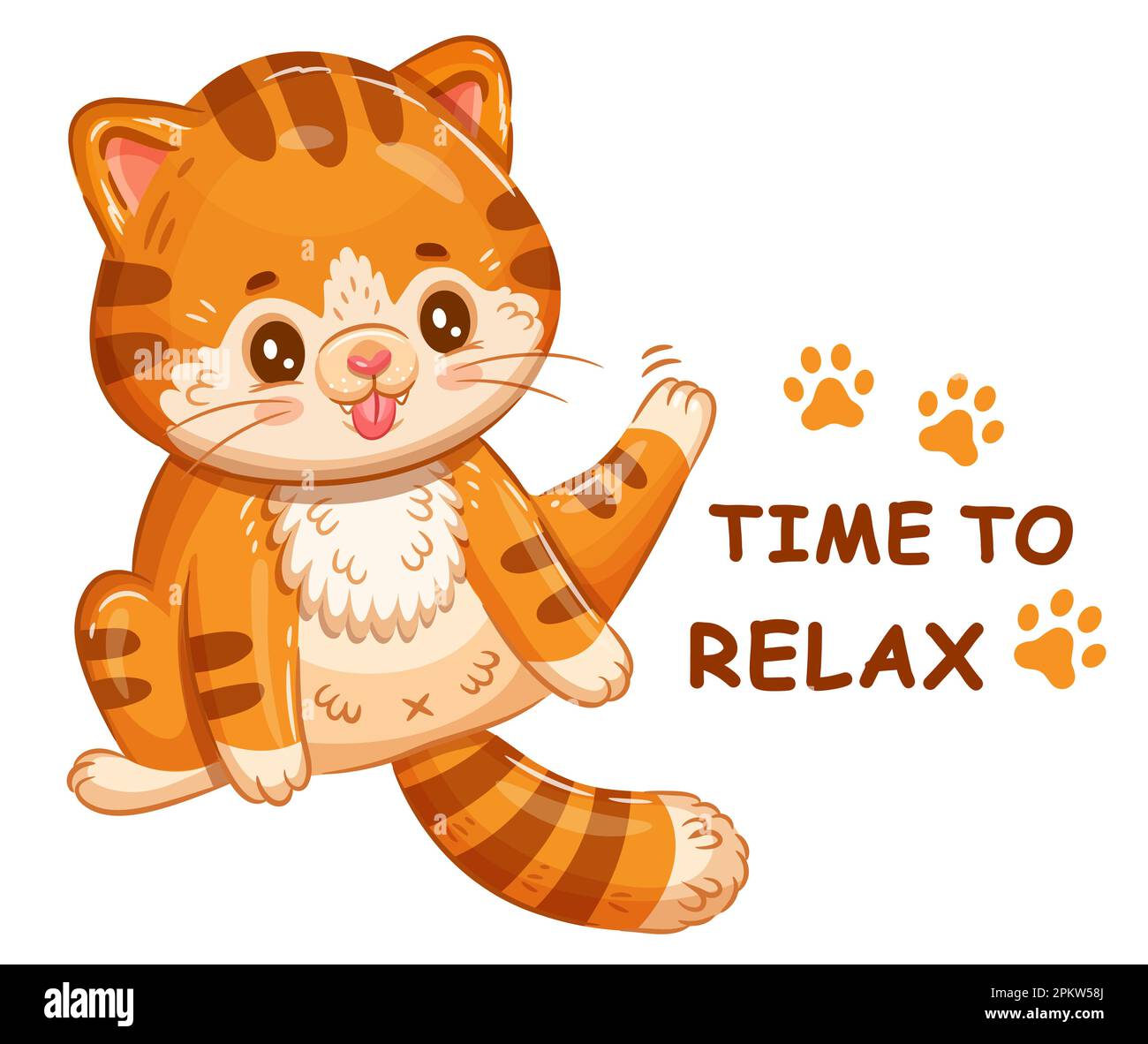 Cute red cat sit with paw up, wash lick itself. Funny lazy striped kitten clean fur with tongue. Kitty animal cartoon character. Relax time. Vector Stock Vector