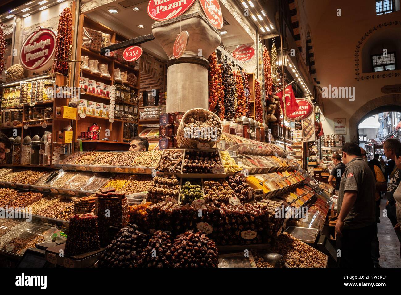Picture of a stall of a merchant and shop in the egyptian bazaar of Istanbul, Turkey selling spices and other turkish food. The Spice Bazaar in Istanb Stock Photo