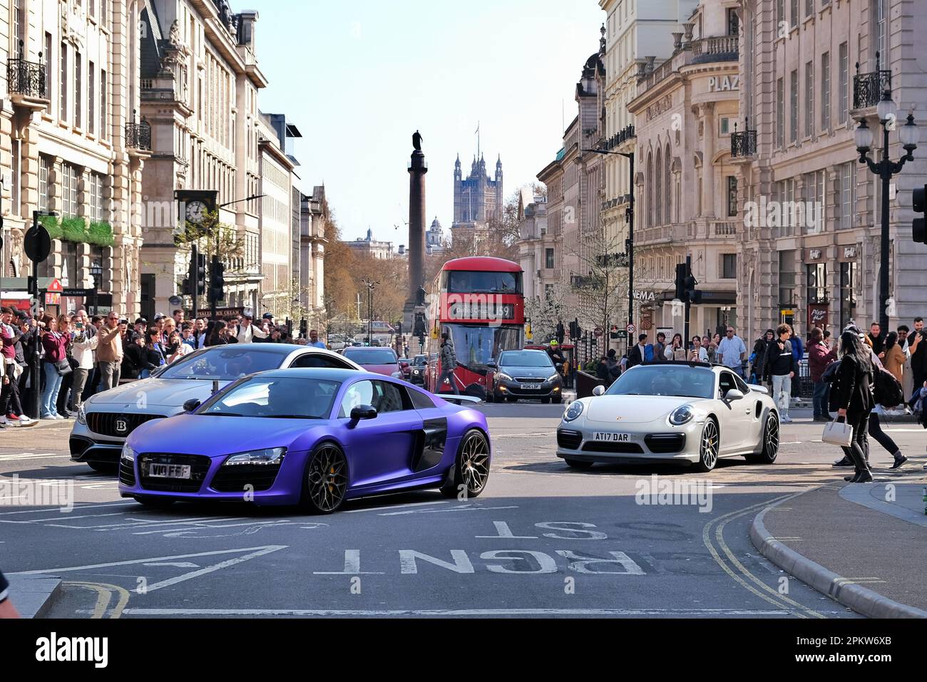 London, UK. 9th April, 2023. Visitors to the West End enjoyed the warmer temperatures before the rain is set to return on Monday as a supercar meet and an Easter-themed skating event passed through Piccadilly Circus attracting crowds of people. Credit: Eleventh Hour Photography/Alamy Live News Stock Photo