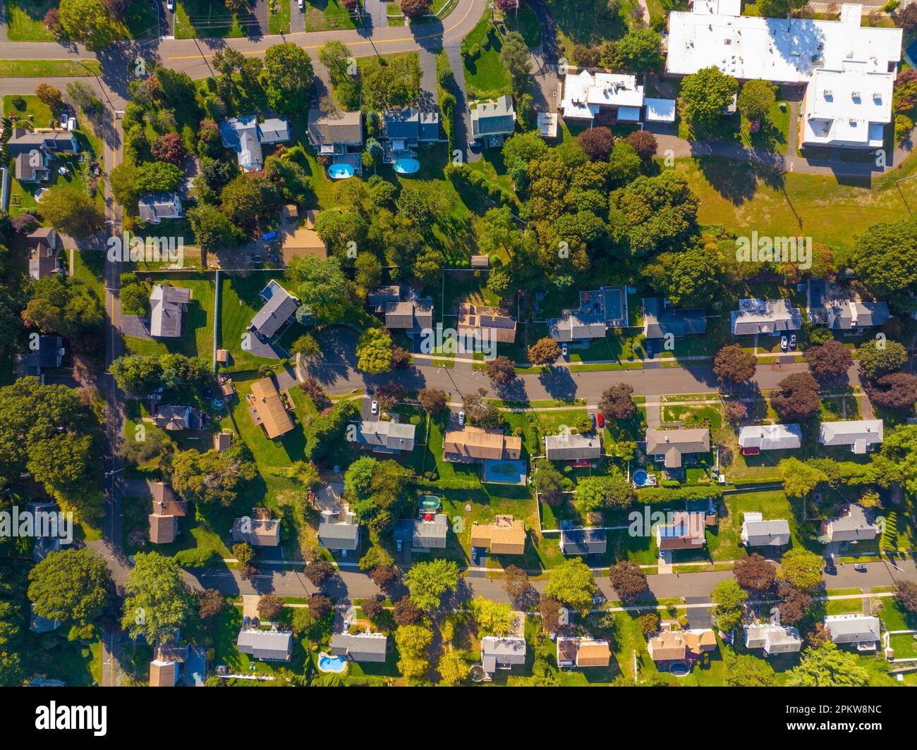 Historic residential houses aerial view in summer in town center of