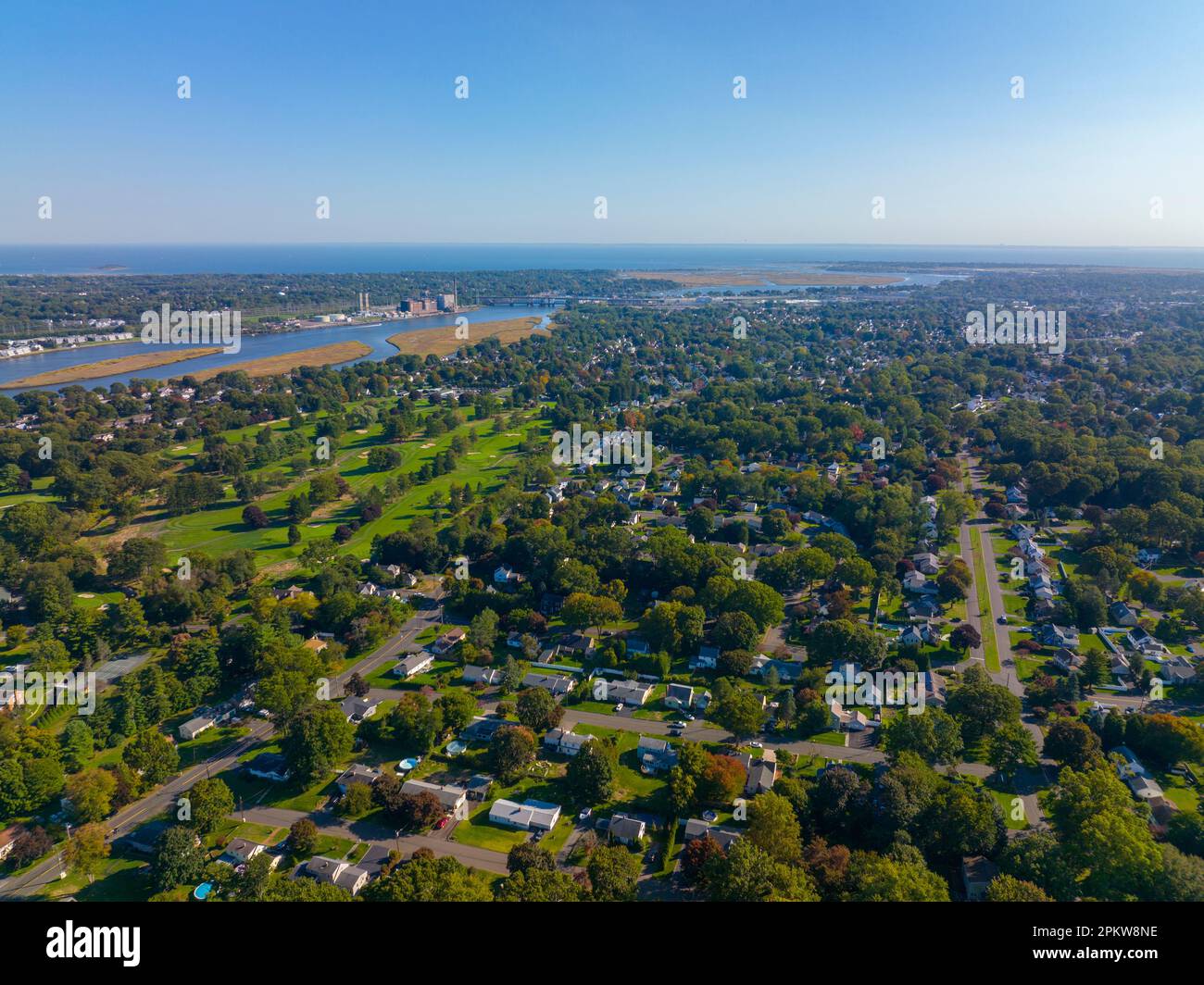 Stratford town landscape aerial view and Housatonic River mouth to the Atlantic Ocean in town of