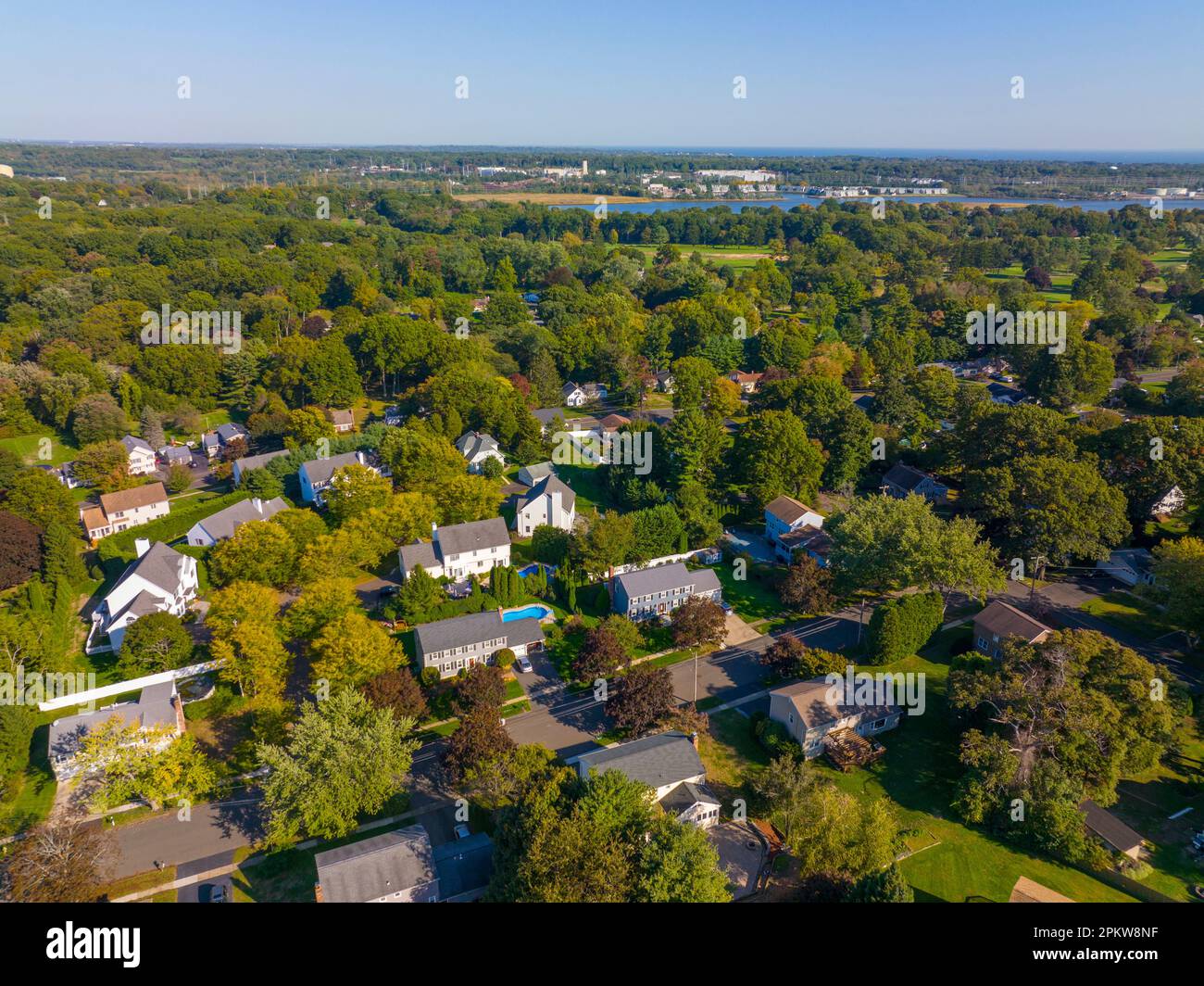 Historic residential houses aerial view in summer in town center of