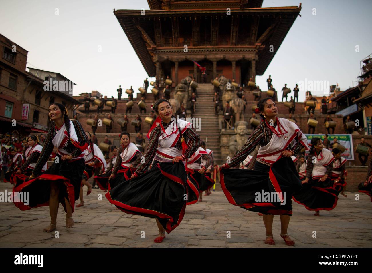 Bhaktapur, Nepal. 9th Apr, 2023. Girls in traditional attire perform