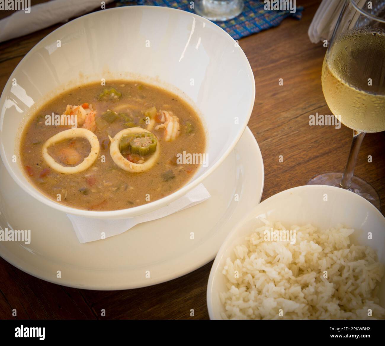 Seafood Gumbo With Wine and RIce Stock Photo