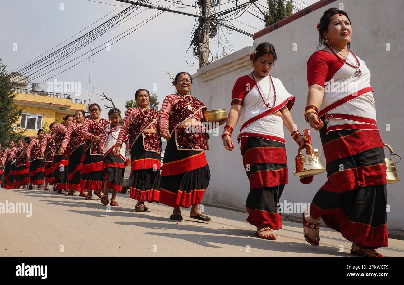 Kathmandu, Nepal. 9th Apr, 2023. Newar women in traditional attire