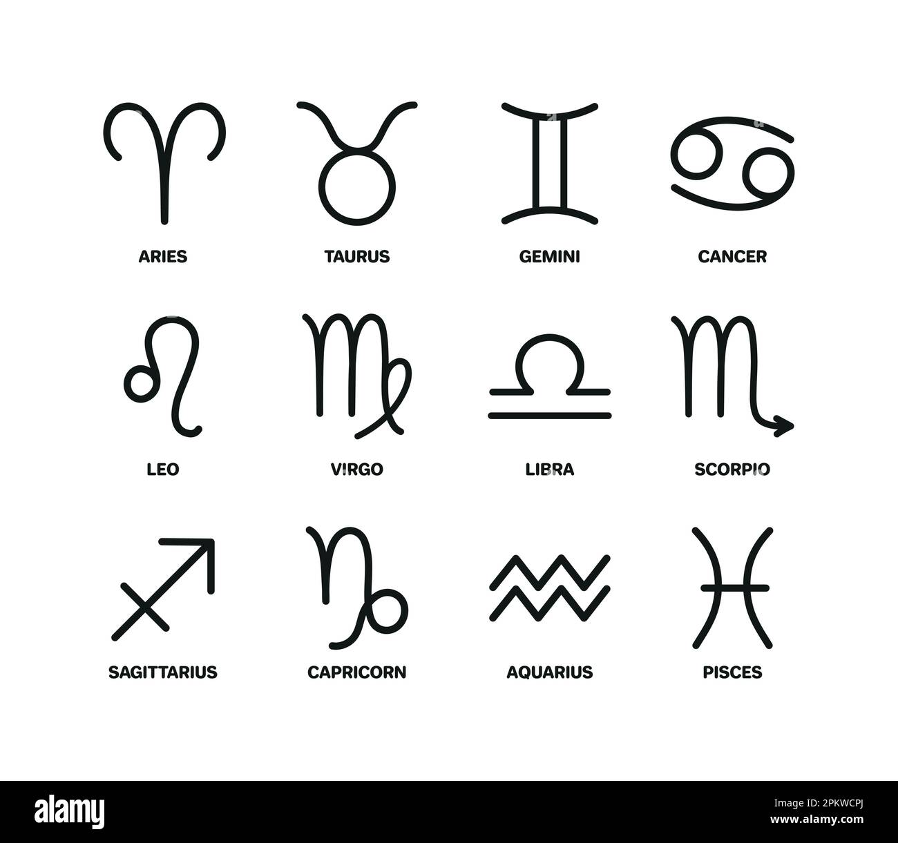 Icon set of 12 zodiac signs, elegant minimalistic line design ...