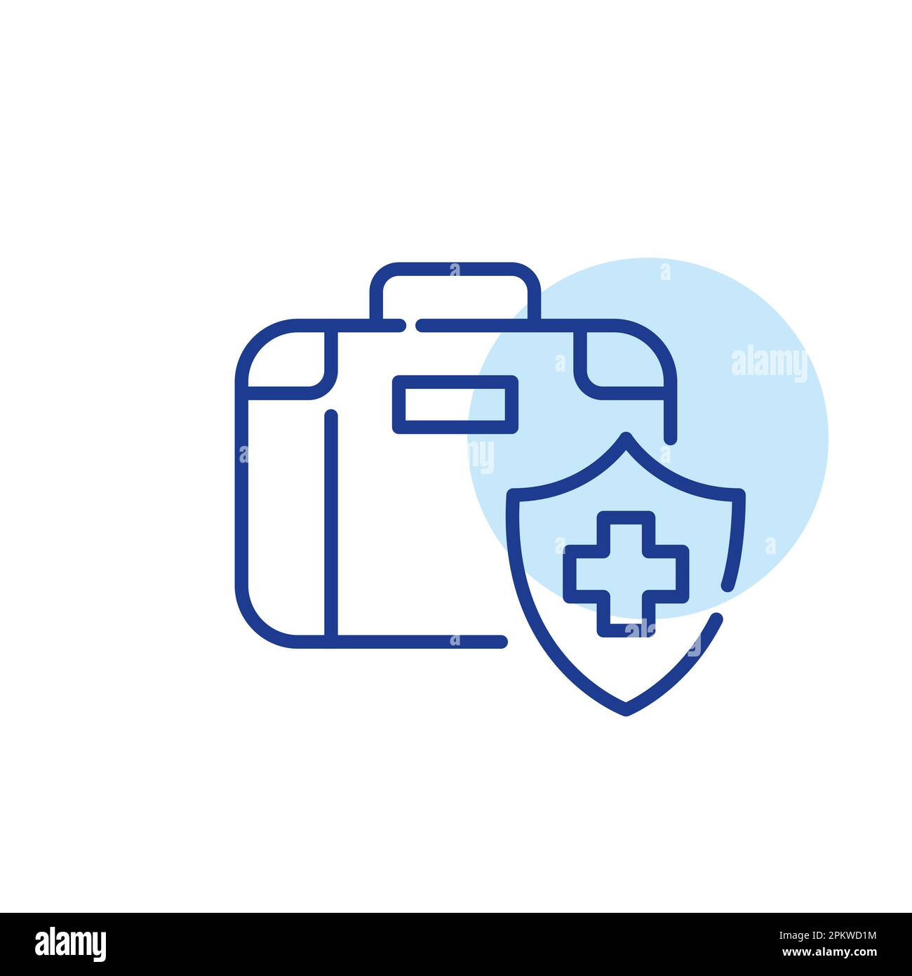 Travel health insurance. Briefcase and cross on shield. Travel