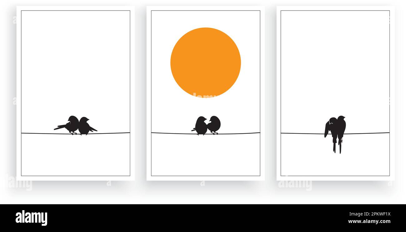 Birds On Wire, Vector. Wall Decor, Birds silhouette, illustration. Wall