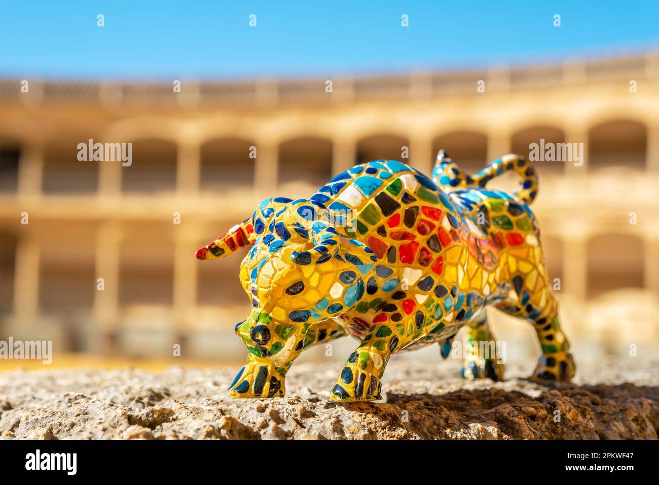 Figurine of a traditional Spanish bull in the Plaza de Toros bullring. Ronda. Andalusia, Spain Stock Photo