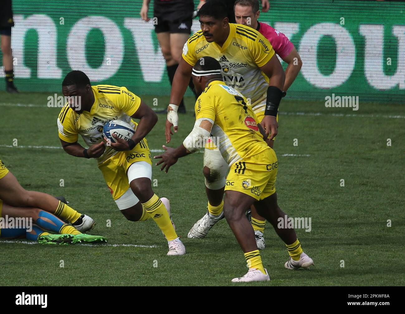 La Rochelle, France. 09th Apr, 2023. Yoan Tanga, Will Skelton of Stade Rochelais and Levani Botia of Stade Rochelais during the Heineken Champions Cup, Quarter Finals, rugby union match between Stade Rochelais (La Rochelle) and Saracens on April 9, 2023 at Marcel Deflandre stadium in La Rochelle, France. Photo by Laurent Lairys/ABACAPRESS.COM Credit: Abaca Press/Alamy Live News Stock Photo