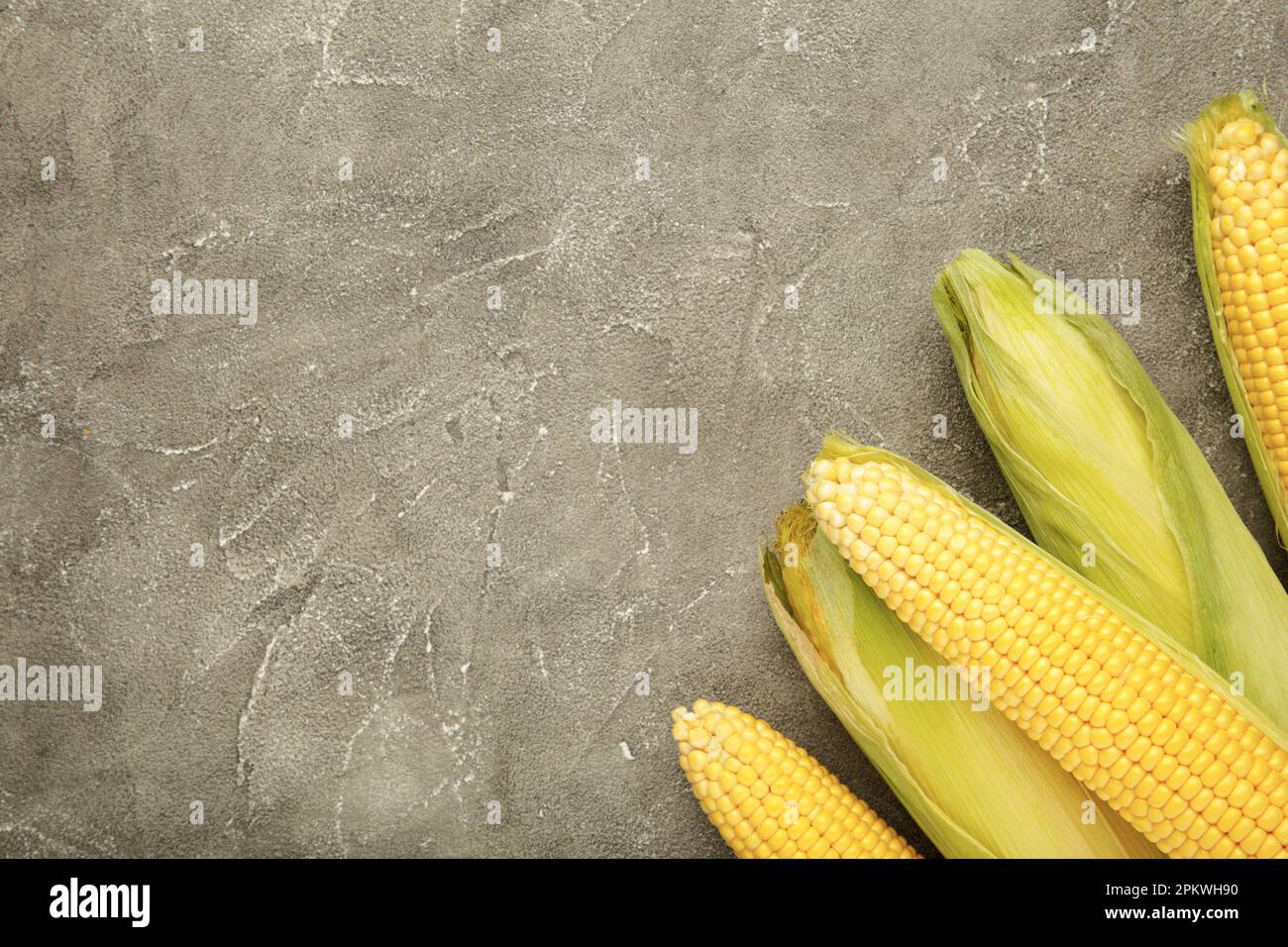 Fresh corn on cobs on rustic wooden table, closeup. Ripe corn. Stock Photo