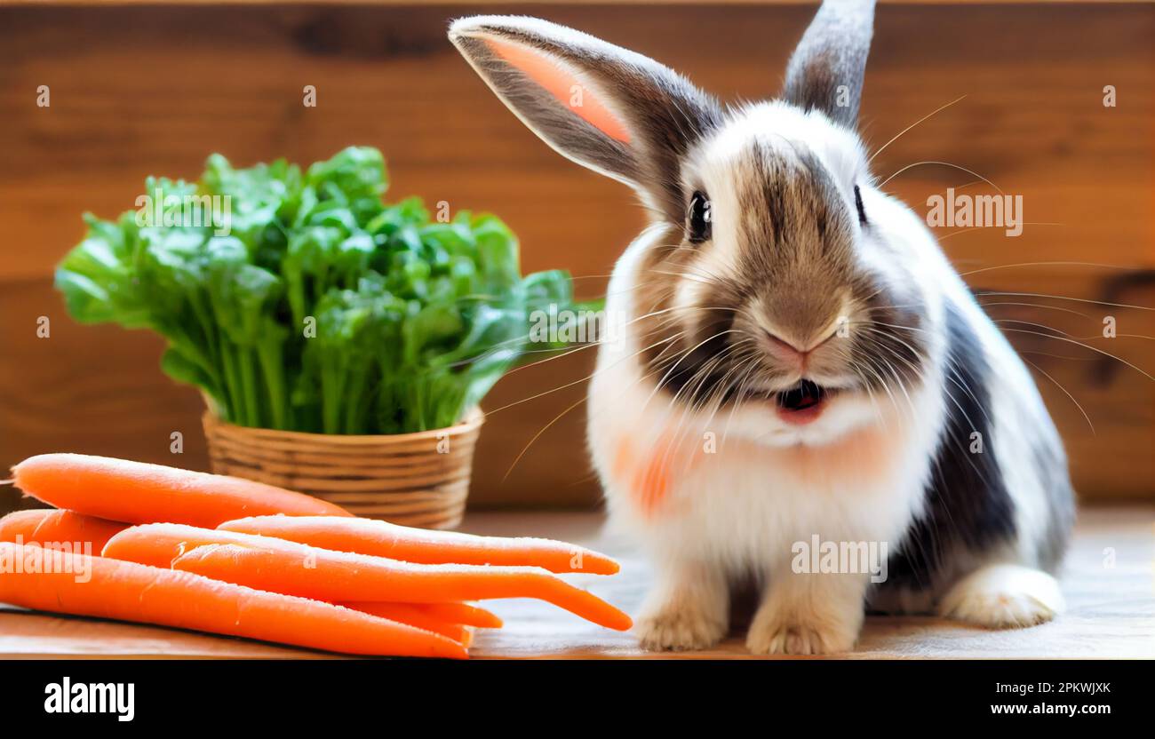 a rabbit happily with a fresh carrot in a cozy indoor setting. The