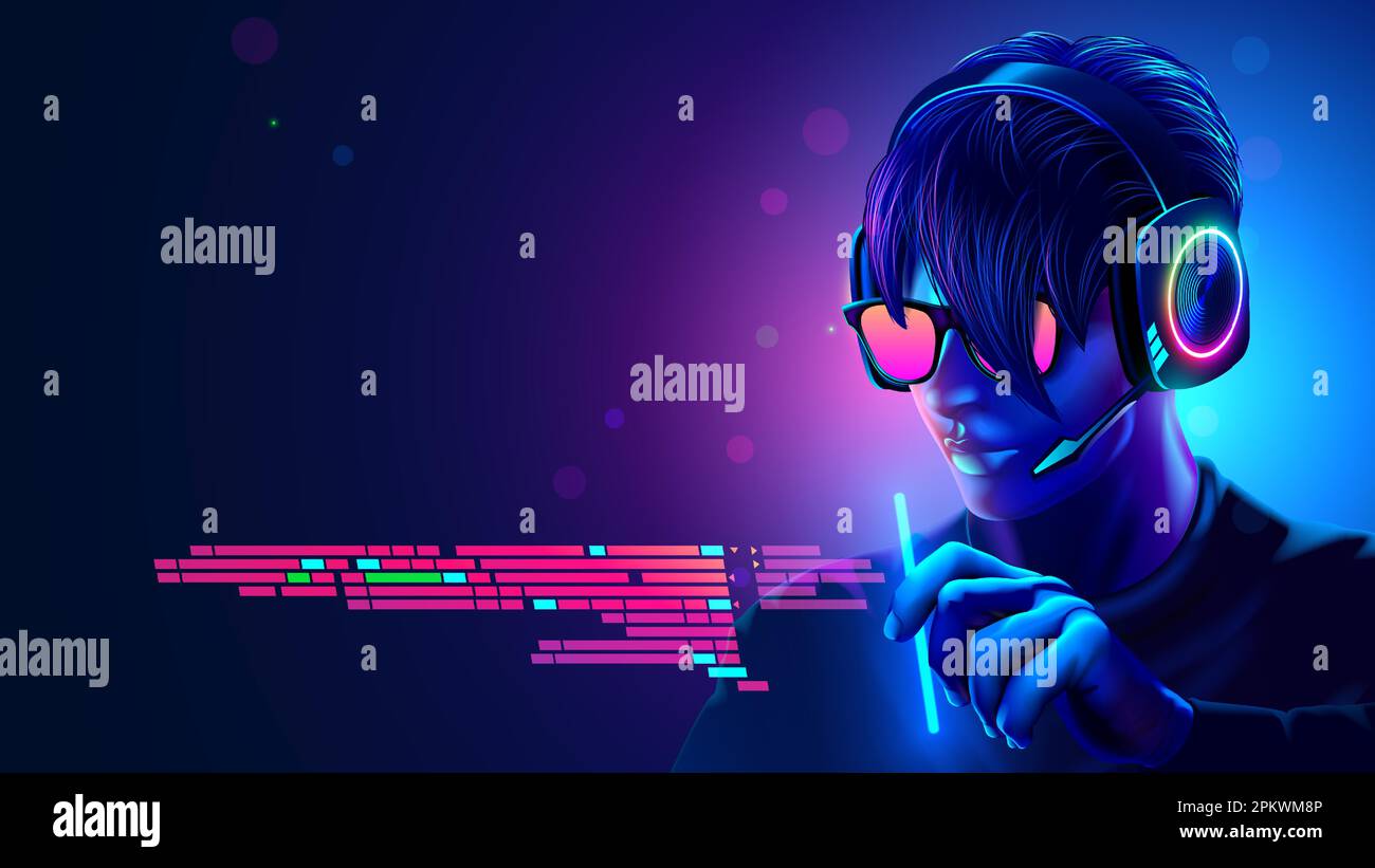 Programmer in headset coding programm text in VR interface. Software Developer of computer code. Code in programming environment. Futuristic computer Stock Vector