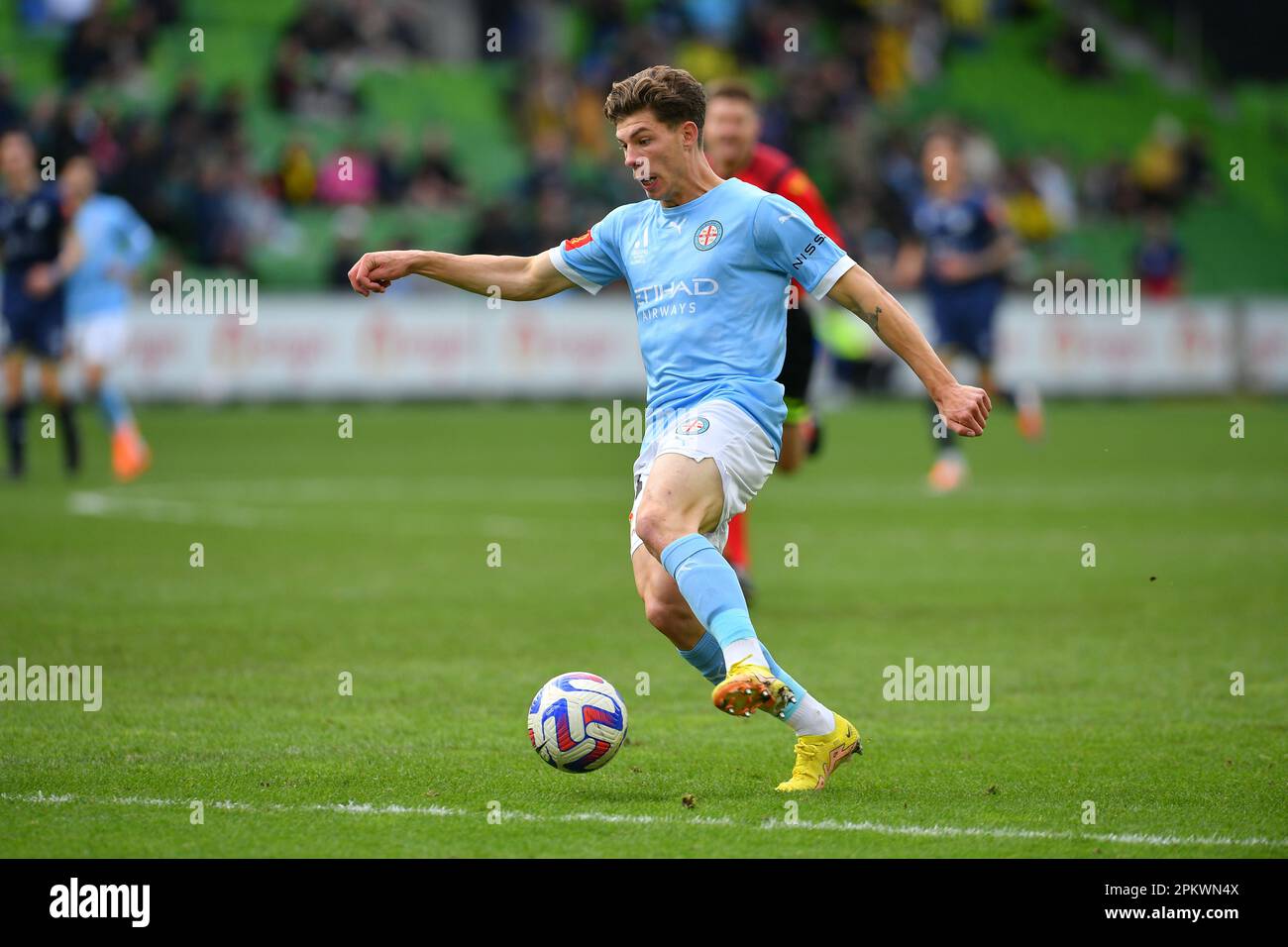 Melbourne, Australia. 10 Apr 2023.  Pictured: Jordan Bos  in action  during Melbourne City’s home game against New Zealand’s Wellington Phoenix at Melbourne’s AAMI Park. Credit: Karl Phillipson/Alamy Live News Stock Photo
