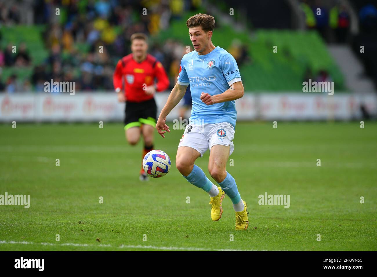 Melbourne, Australia. 10 Apr 2023.  Pictured: Jordan Bos(38) of Melbourne City  during Melbourne City’s home game against New Zealand’s Wellington Phoenix at Melbourne’s AAMI Park. Credit: Karl Phillipson/Alamy Live News Stock Photo
