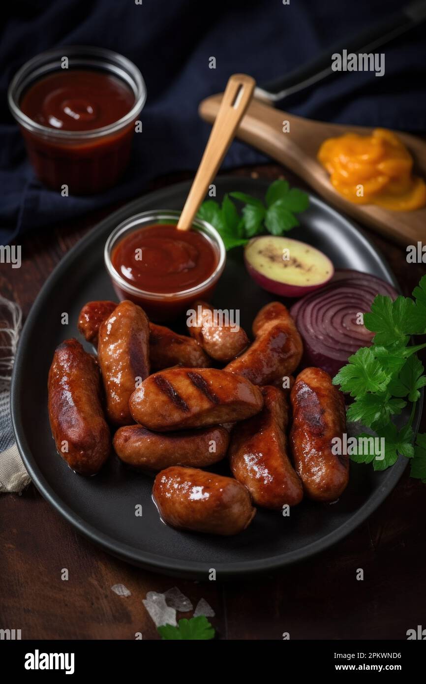 Collection of different types of German pork and veal sausages with mustard sauce Stock Photo