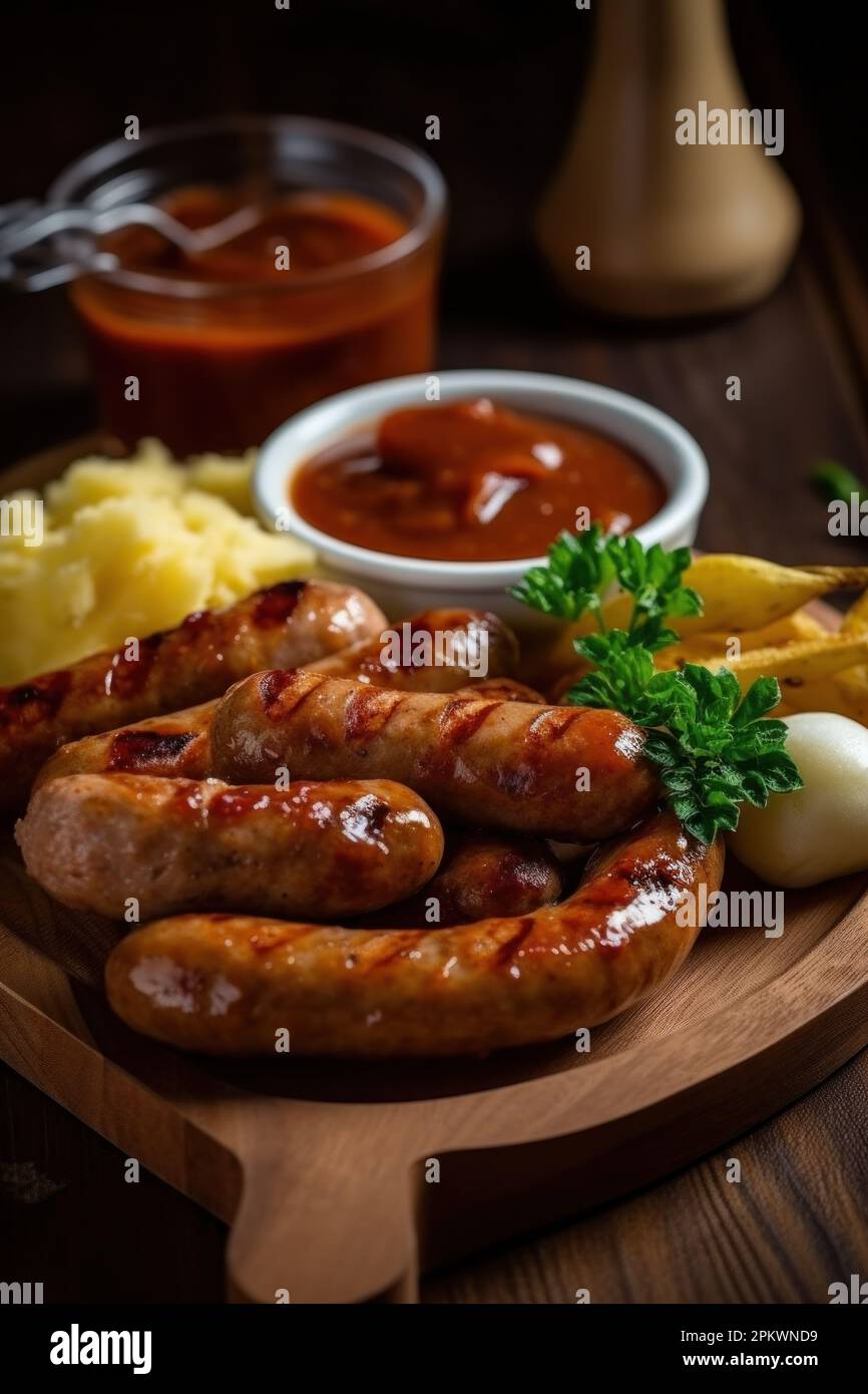 Collection of different types of German pork and veal sausages with mustard sauce Stock Photo