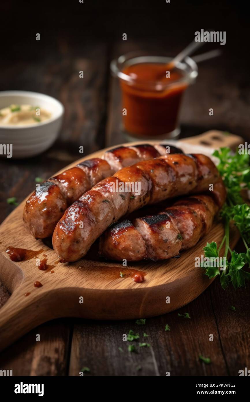 Collection of different types of German pork and veal sausages with mustard sauce Stock Photo