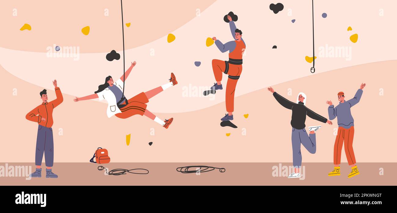 Extreme people. Rock climbers. Men and women climb wall with colored
