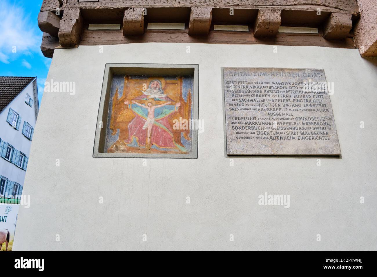 Blaubeuren near Ulm, Baden-Württemberg, Germany, Europe, Throne of Mercy depiction and inscription. Stock Photo