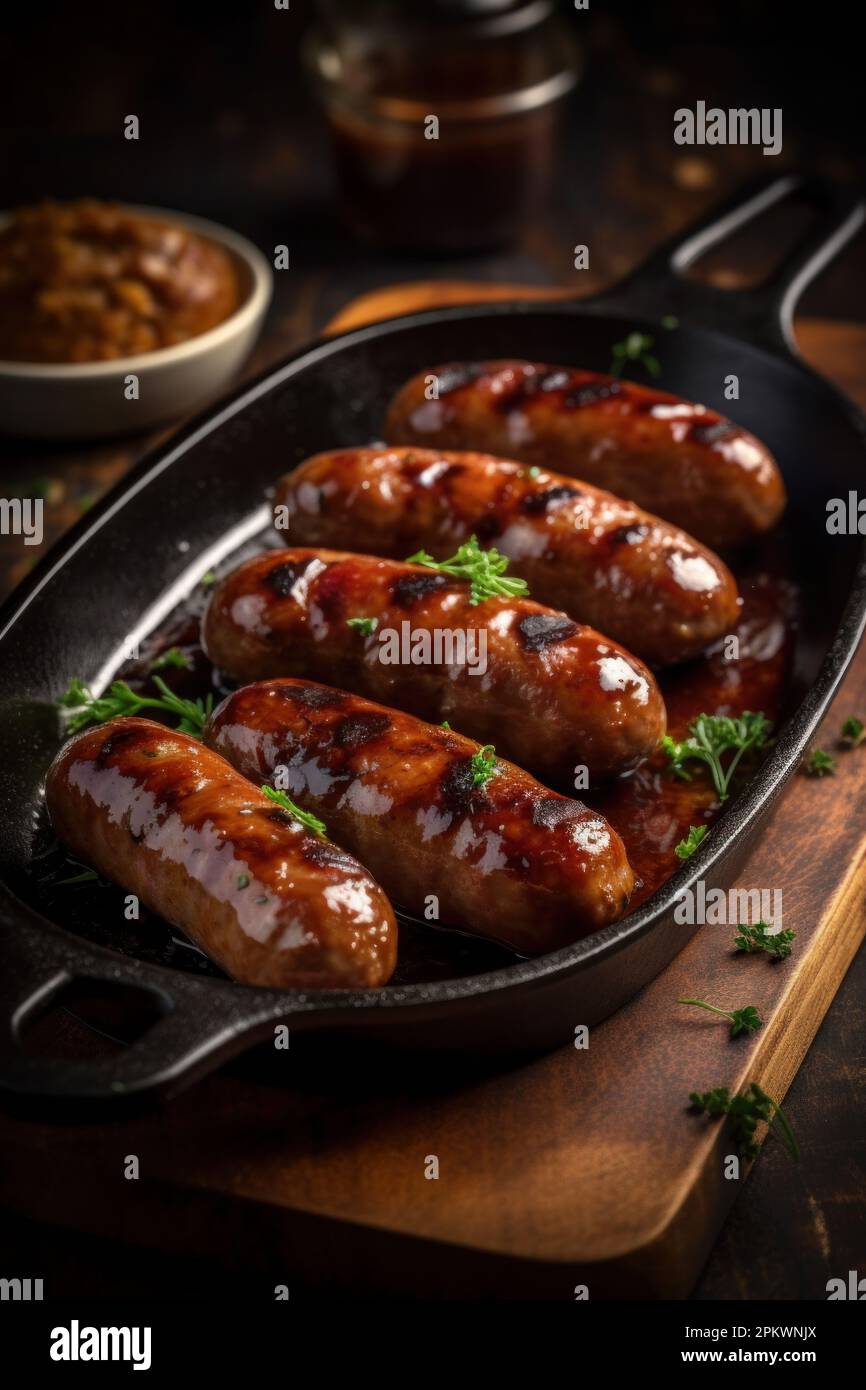 Collection of different types of German pork and veal sausages with mustard sauce Stock Photo