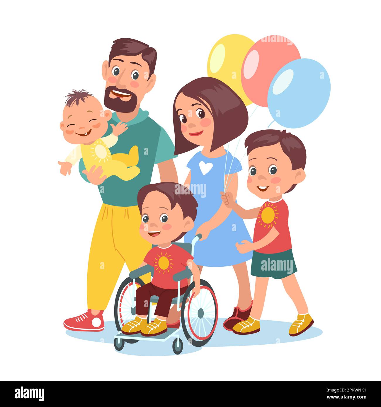 Happy family with disabled kid. Loving parents. Brother and cute baby. Smiling boy in wheelchair. Native people help and support. Mother and father Stock Vector