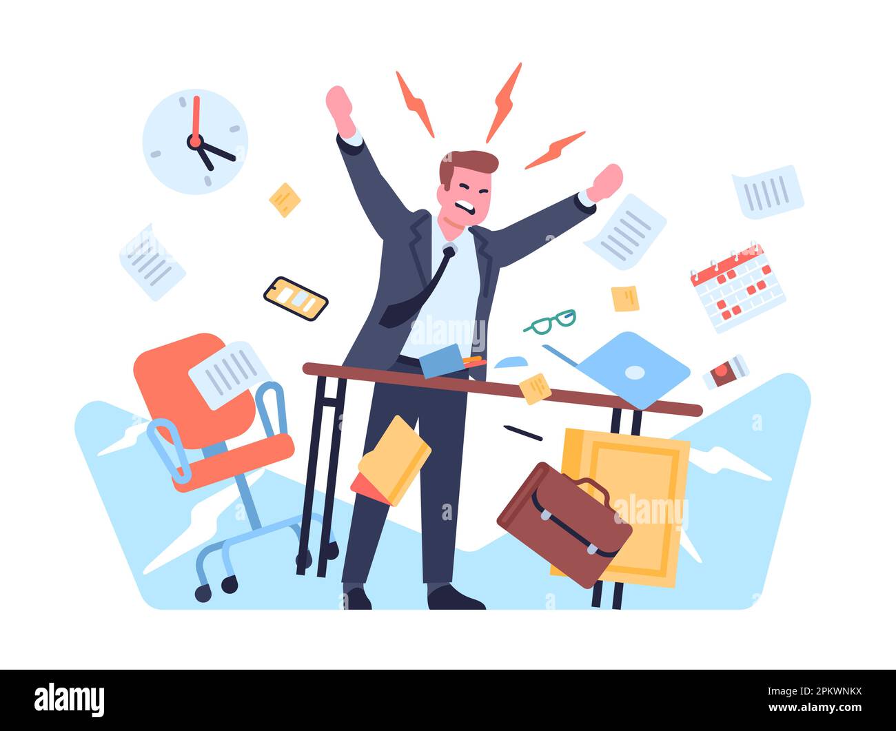 Irritated and angry worker throwing items around in workplace. Boss