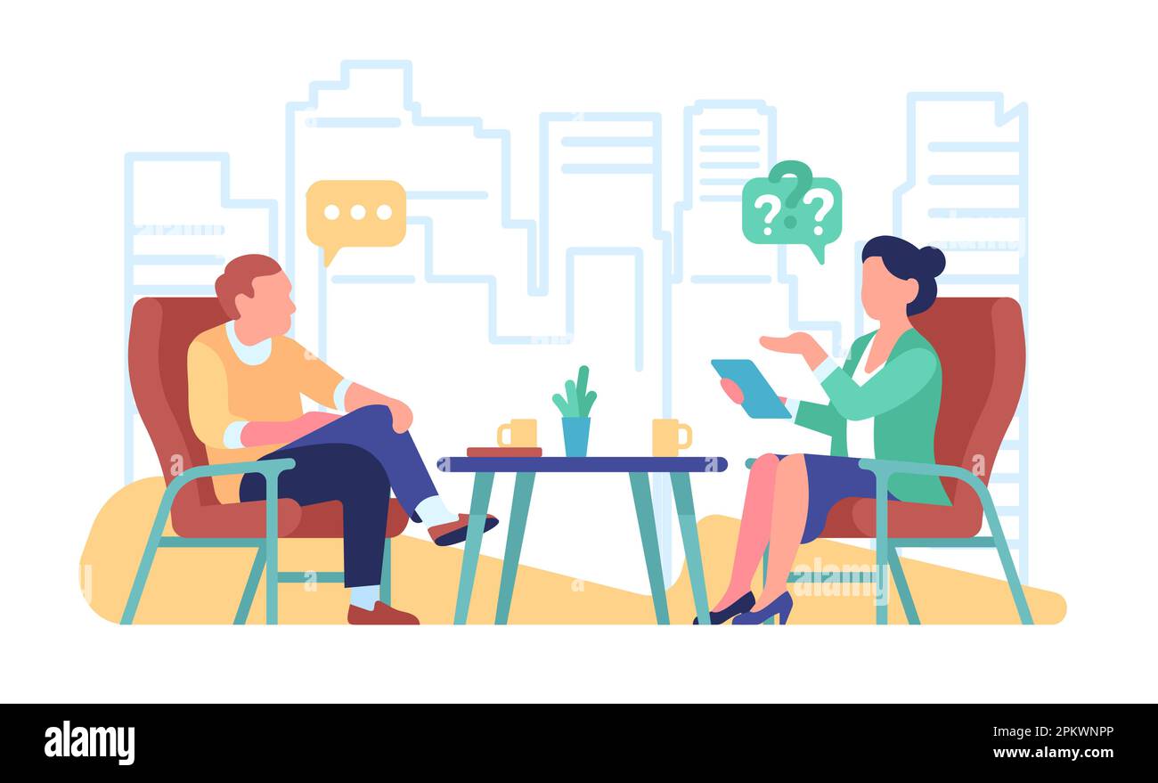 Internet broadcast where journalist interviews famous person. Man and woman sitting in armchairs. People discussion streaming. Conversation between Stock Vector