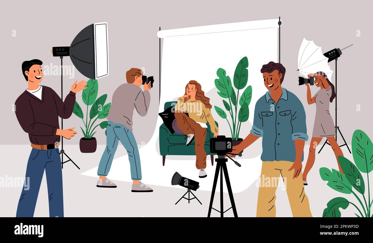 Photo studio. Young beautiful girl poses for beginners and professional