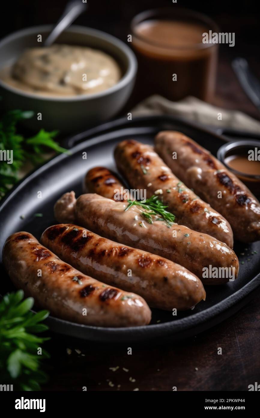 Collection of different types of German pork and veal sausages with