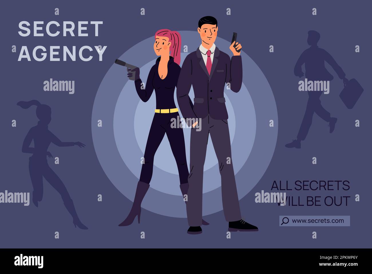 Secret super agents couple poster. Cartoon spies with pistols. Man and woman detectives. Mystery mission. Superspies undercover investigation Stock Vector