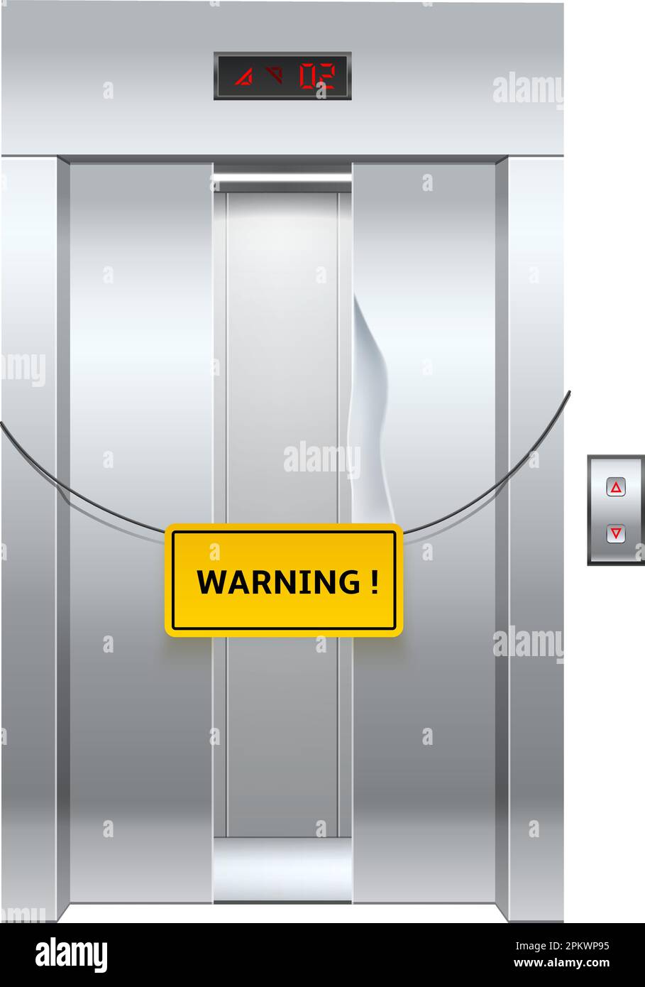 Realistic elevator. Lift repair. Closed failure metal sliding doors
