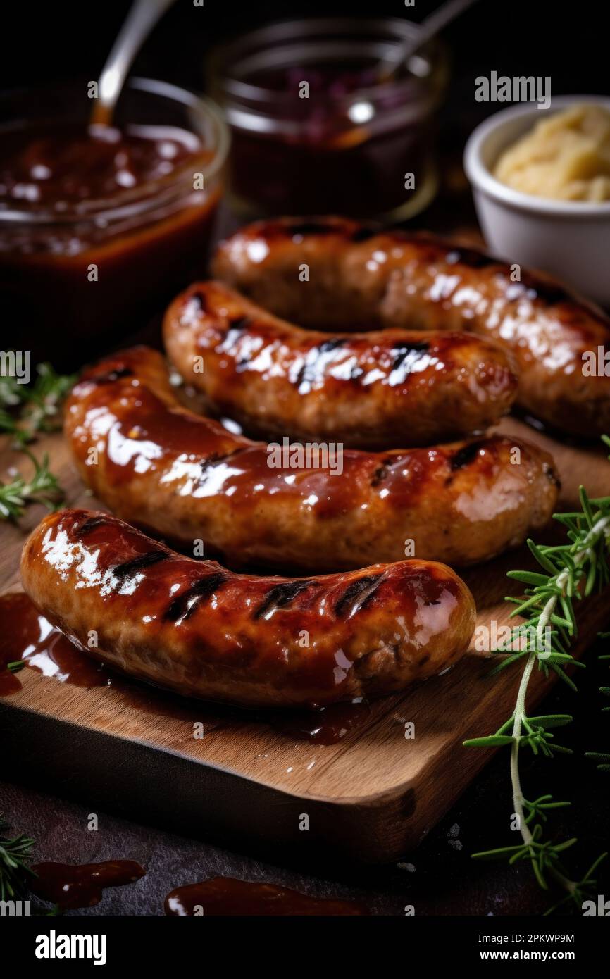 Collection of different types of German pork and veal sausages with mustard sauce Stock Photo