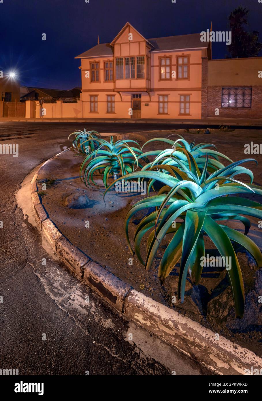 Aloes grow on the traffic circle on Bismarck and Diaz Streets in Lüderitz. Stock Photo