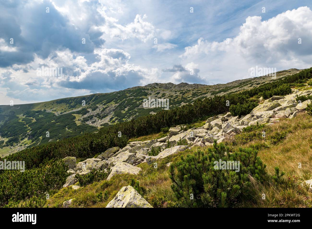Beautiful Retezat mountains in Romania - view above Zanoaga lake during summer afternoon with blue sky and clouds Stock Photo