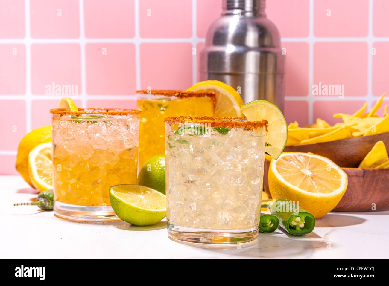 Set of tequila margarita mexican cocktails, with jalapeno pepper, lime