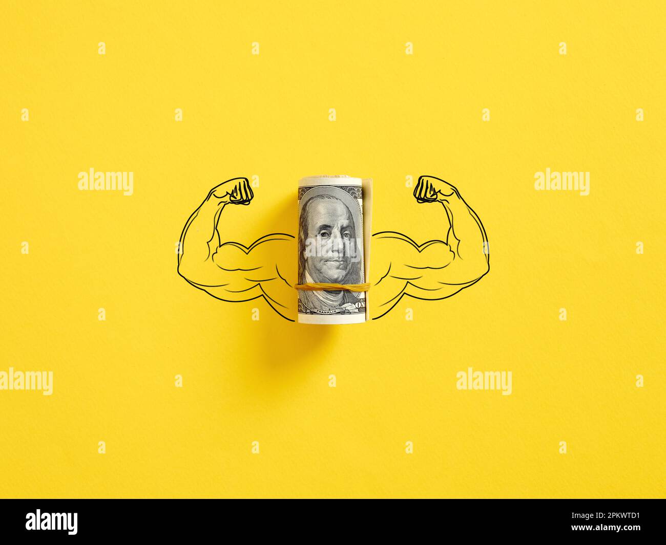 Bunch of United States dollar money with flexing muscle biceps on