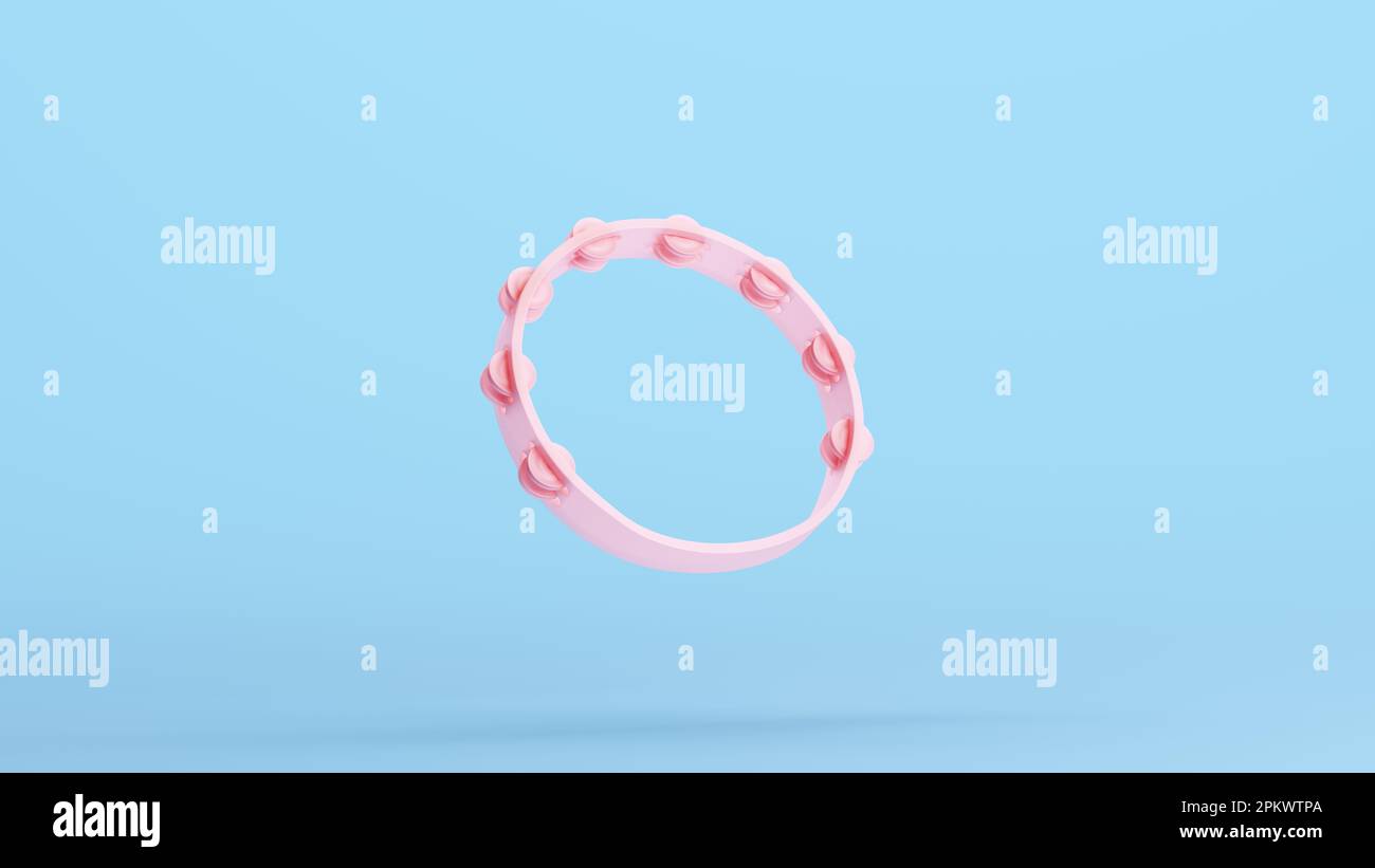 Pink Tambourine Musical Instrument Percussion Zils Frame Jingles Kitsch Blue Background 3d illustration render digital rendering Stock Photo