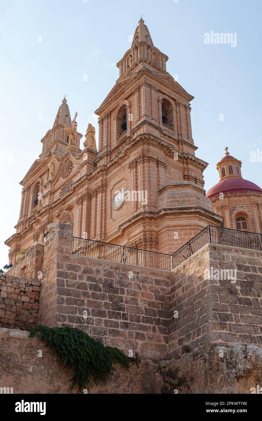 Facade Parish Church of the Nativity of the Virgin Mary in Mellieha, Malta Stock Photo