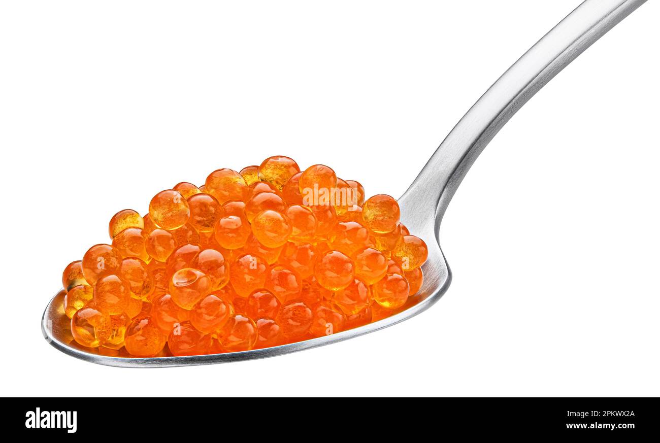 Red caviar in spoon isolated on white background, full depth of field Stock Photo
