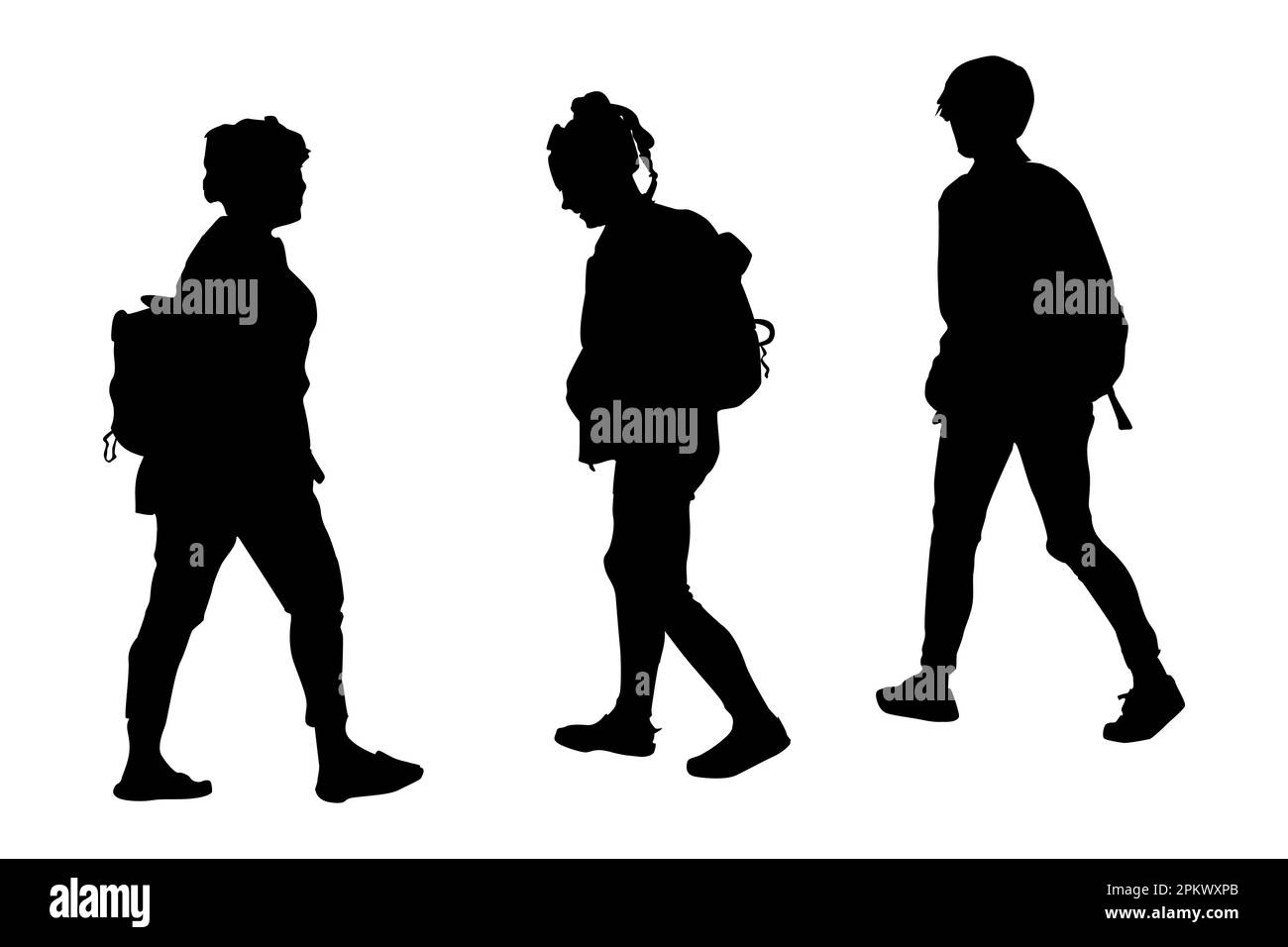 Silhouettes woman with backpack on white background. Set of girl with rucksack. Females walk outdoor with everyday fashion style. Vector illustration Stock Vector
