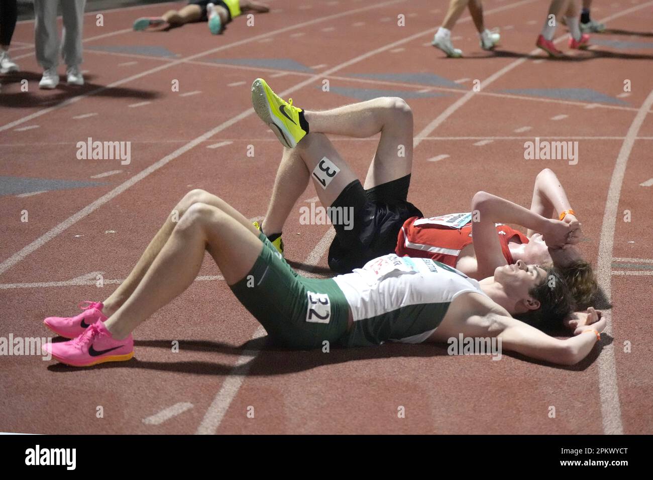 Collin Boler of Delbarton reacts after the 3,200m during the Arcadia Invitational high school track meet, Saturday, April 8, 2023, in Arcadia, Calif. Stock Photo