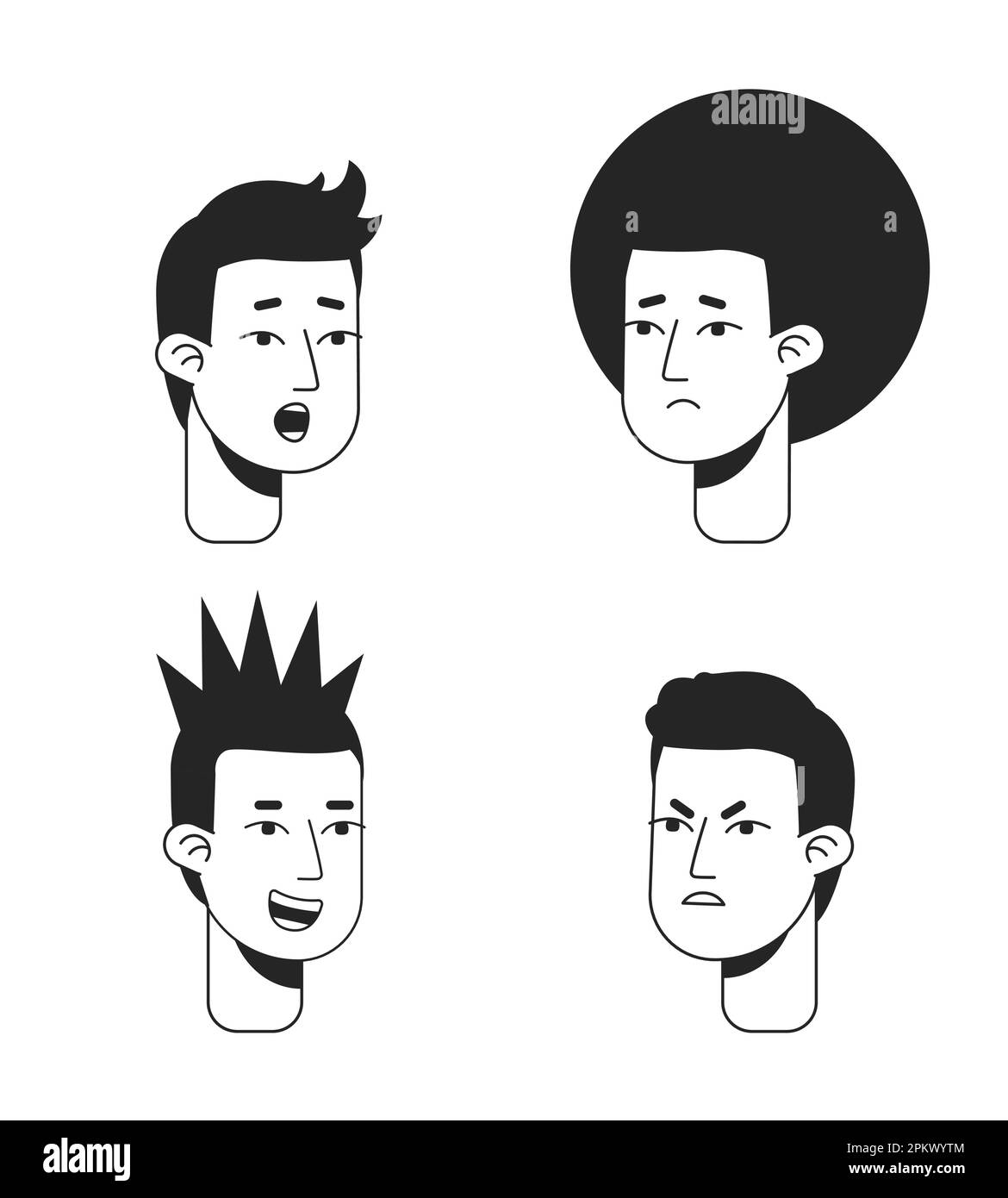 Young men expressing different emotions monochromatic flat vector