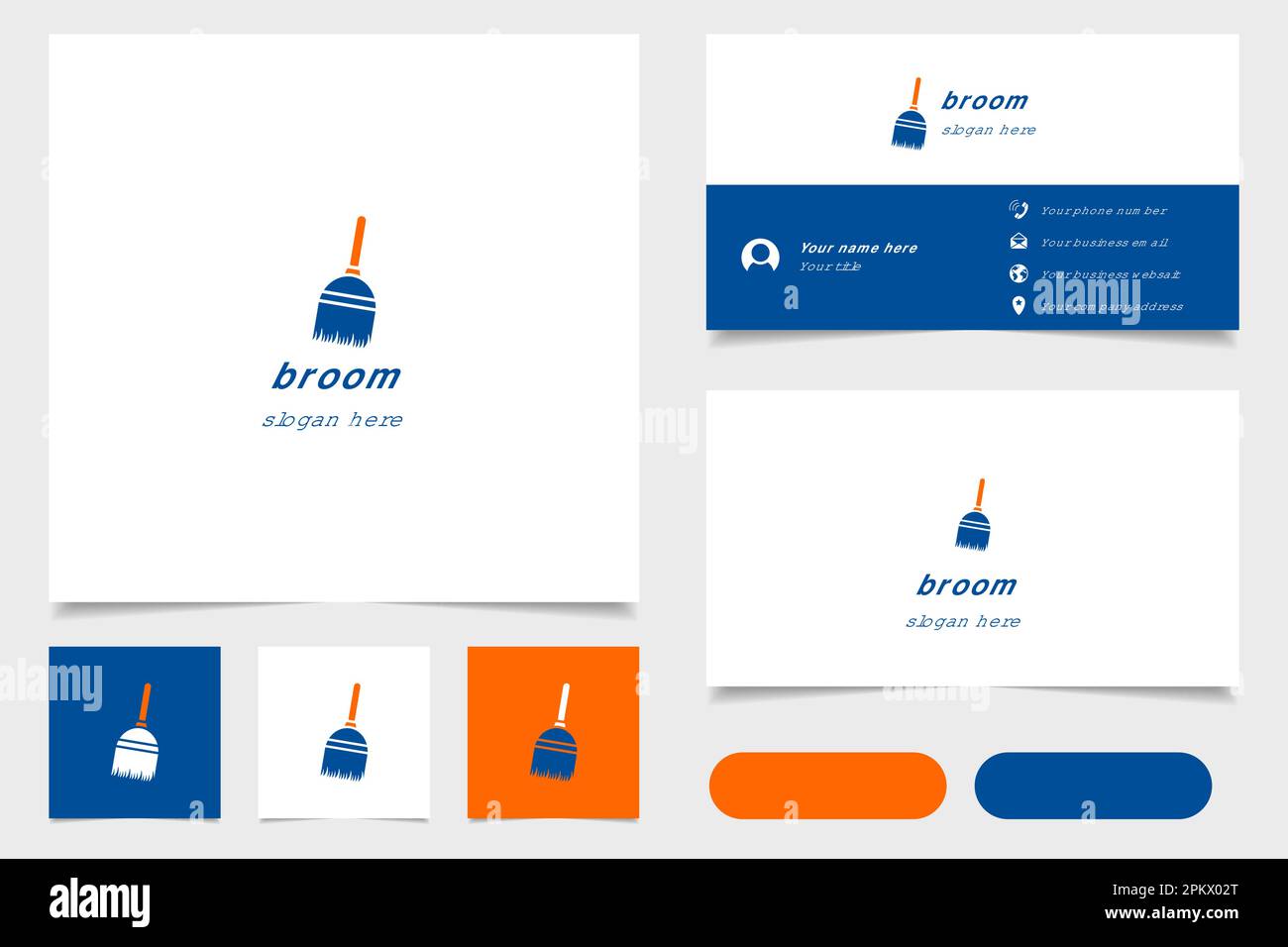 Broom logo design with editable slogan. Branding book and business card